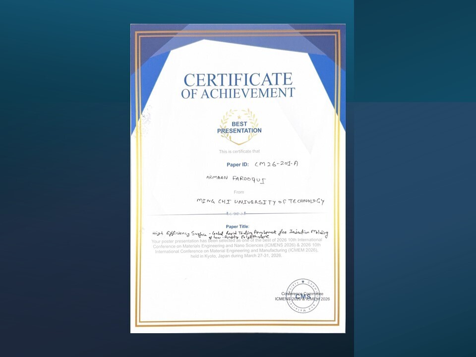 Student Armaan  Farooqui won the Best presentation at 2026 10th International Conference on Materials Engineering and Manufacturing (ICMEM 2026)Image