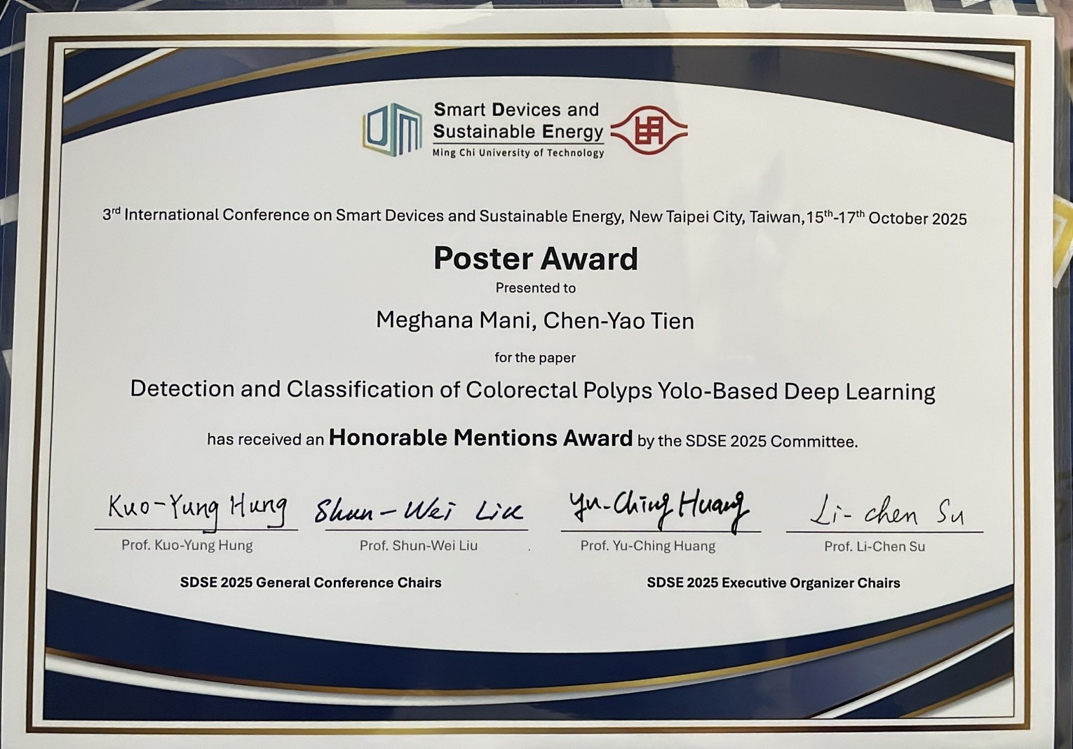 學生梅加娜參加 SDSE 2025 第三屆永續能源與智慧元件國際研討會 榮獲 Honorable Mentions AwardImage