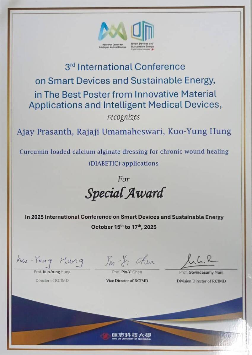 學生普拉薩參加 SDSE 2025 第三屆永續能源與智慧元件國際研討會 榮獲 Special Award圖片