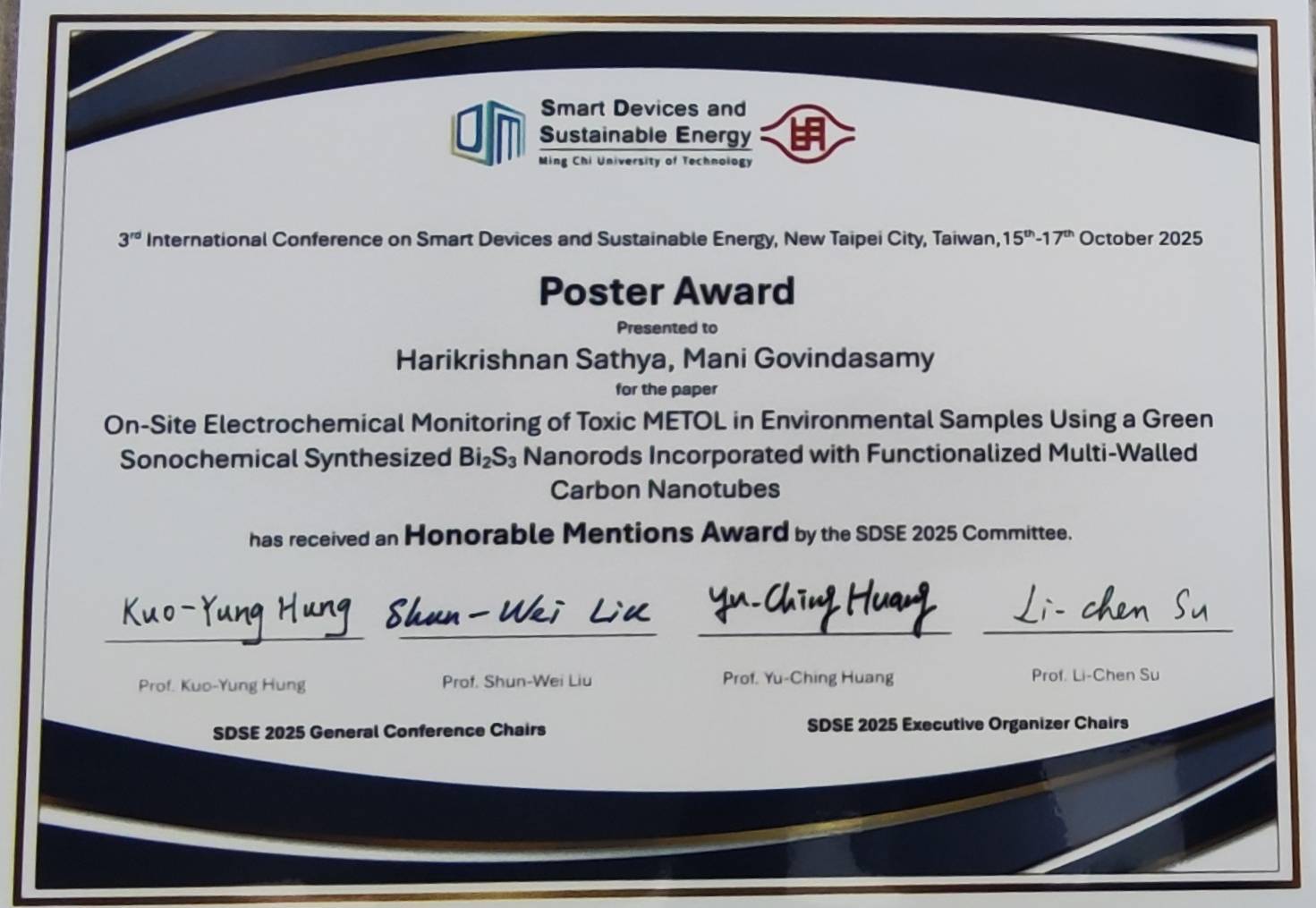 學生沙迪亞參加 SDSE 2025 第三屆永續能源與智慧元件國際研討會 榮獲 Honorable Mentions Award圖片