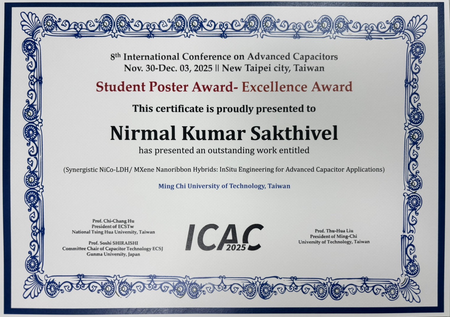 學生尼爾馬爾參加第八屆國際先進電容器研討會(ICAC2025) 榮獲 Excellence AwardImage